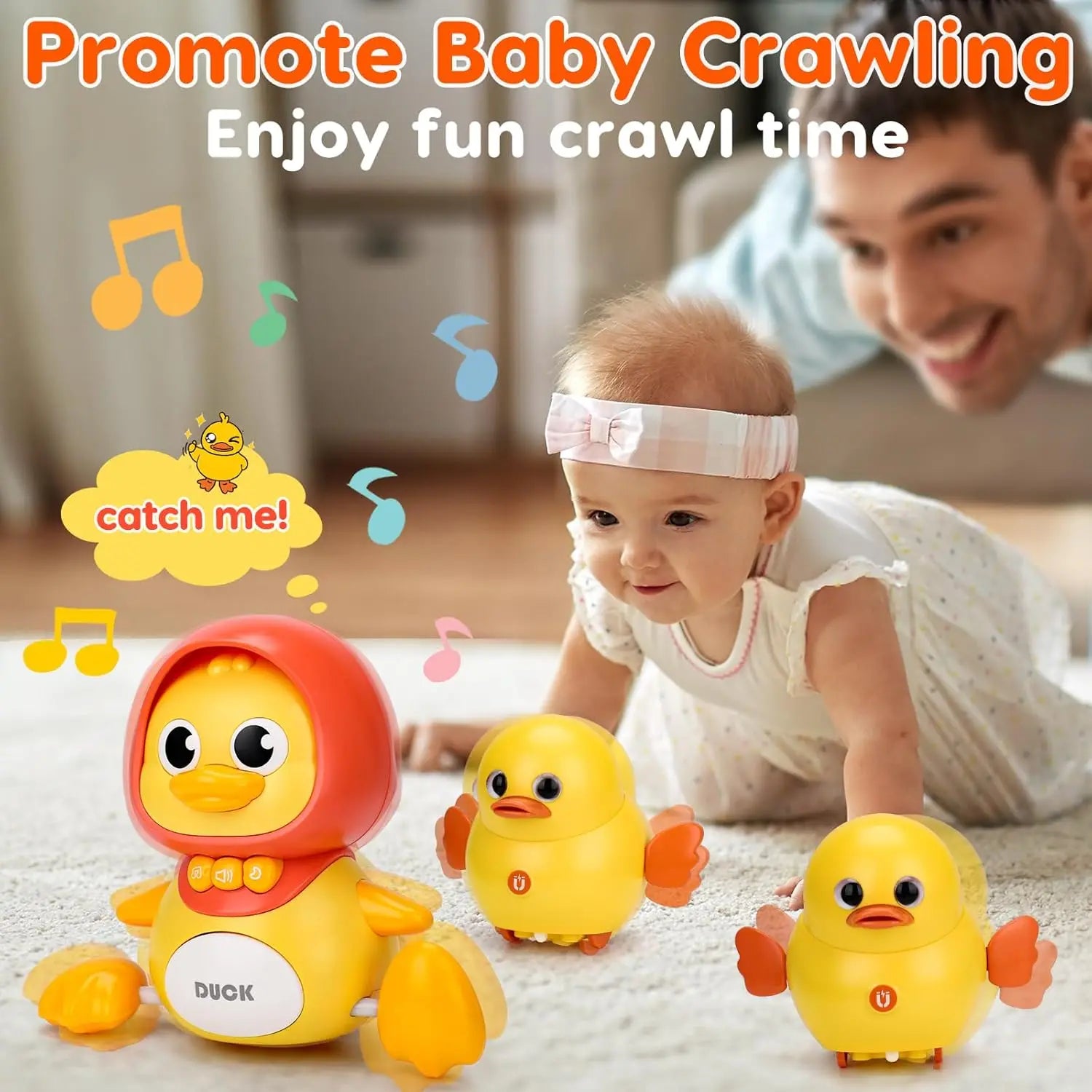 Baby Crawling Duck Toy Set – Interactive 1 Mama Duck & 2 Ducklings with Lights