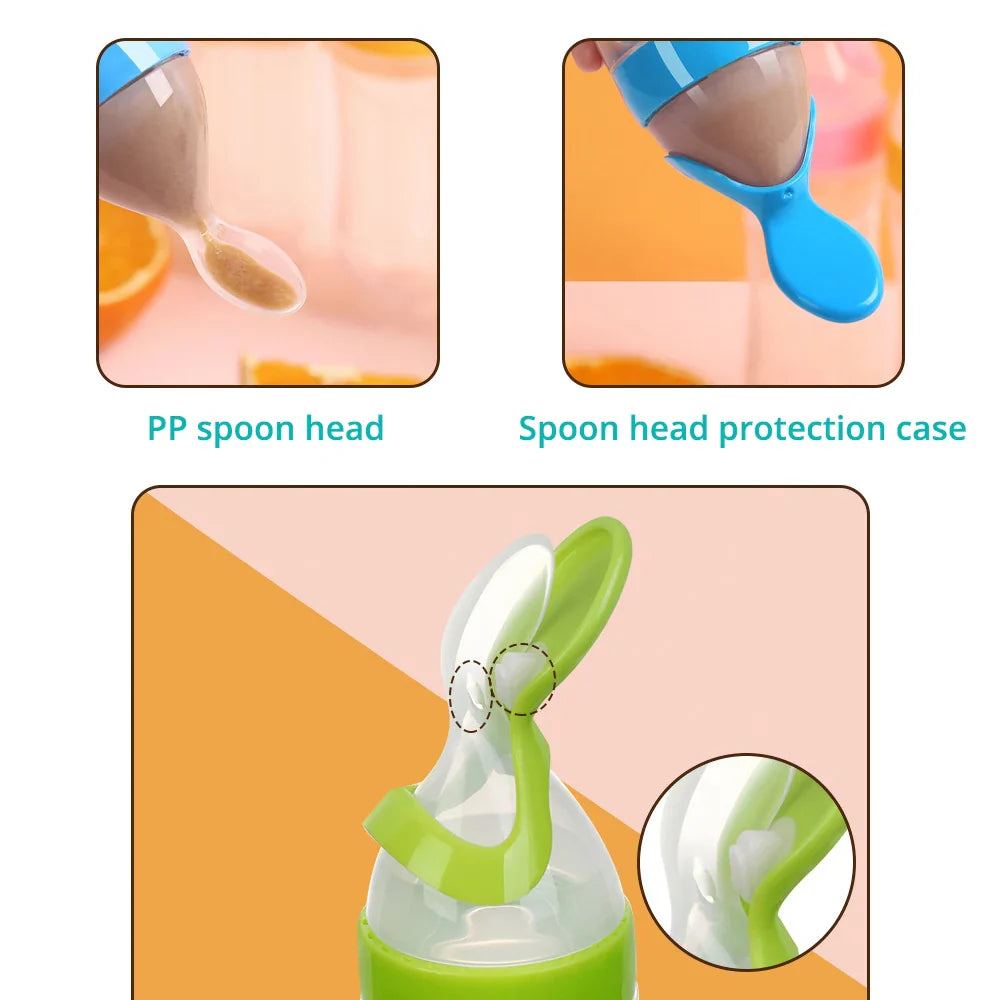 Silicone Baby Feeding Bottle With Spoon for Food,Cereal. Bottles Squeeze Spoon Milk Feeding Bottle Cup