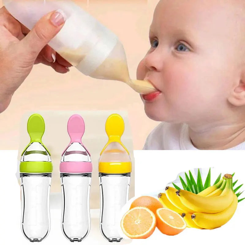 Silicone Baby Feeding Bottle With Spoon for Food,Cereal. Bottles Squeeze Spoon Milk Feeding Bottle Cup