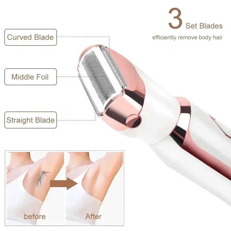 Women's Epilator 4 in 1 Bikini, Arms, Eyebrow, Nose Women Lady Facial Hair Removal Trimmer Face Body Painless Female Shaver