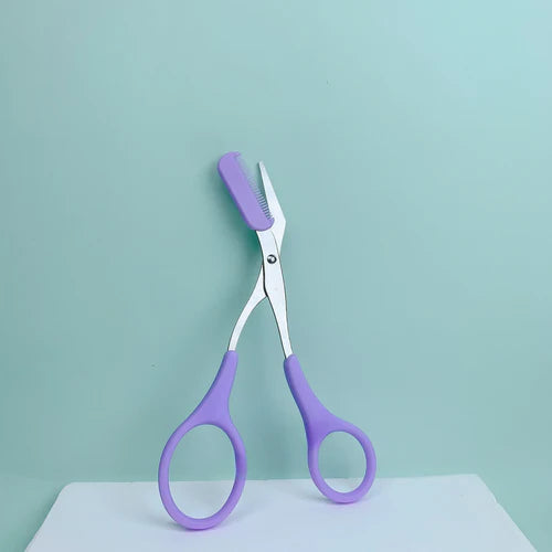 Pink eyebrow trimming scissors with built-in comb - stainless steel,
