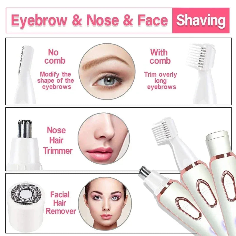 Women's Epilator 4 in 1 Bikini, Arms, Eyebrow, Nose Women Lady Facial Hair Removal Trimmer Face Body Painless Female Shaver