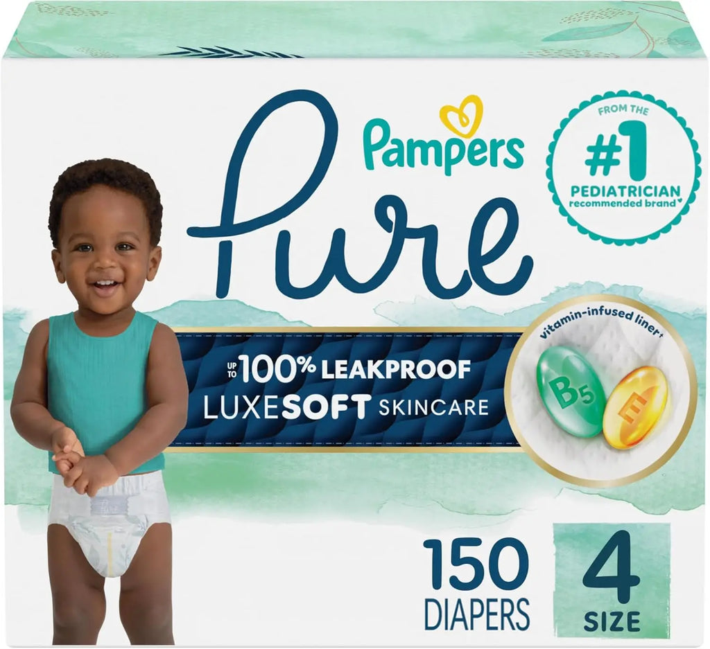 Pampers Pure Protection Baby Diapers, Size 4, 150 Count, Up to 100% Leakproof, Premium Plant-based Skin Protection, Hypoallergenic